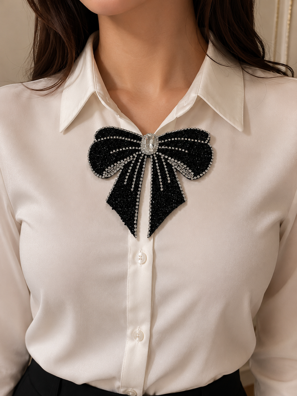 Elegant Rhinestone Bow Tie Brooch – Black Crystal Statement Pin
