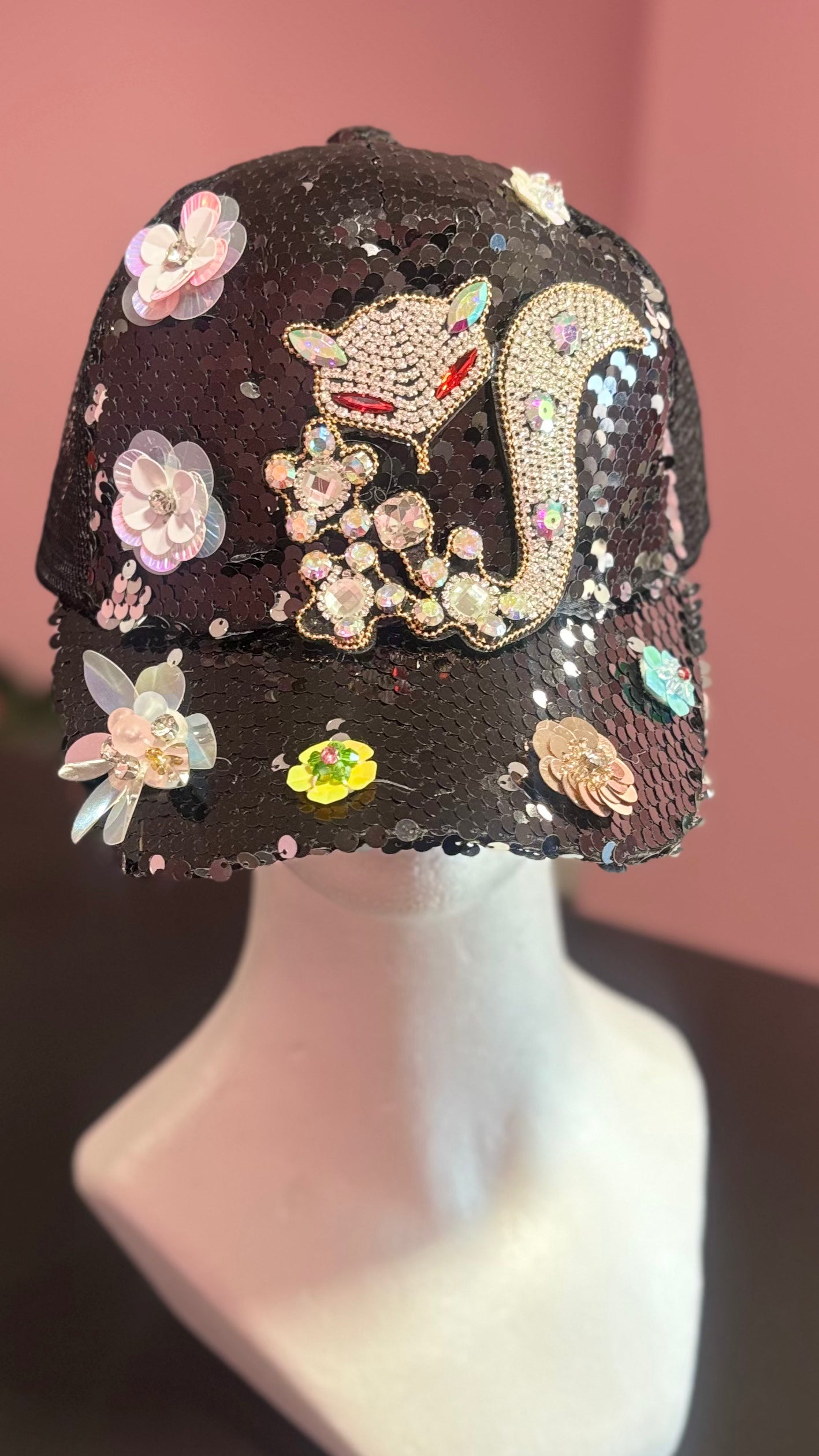 Bling Floral Skunk Sequin Trucker Hat