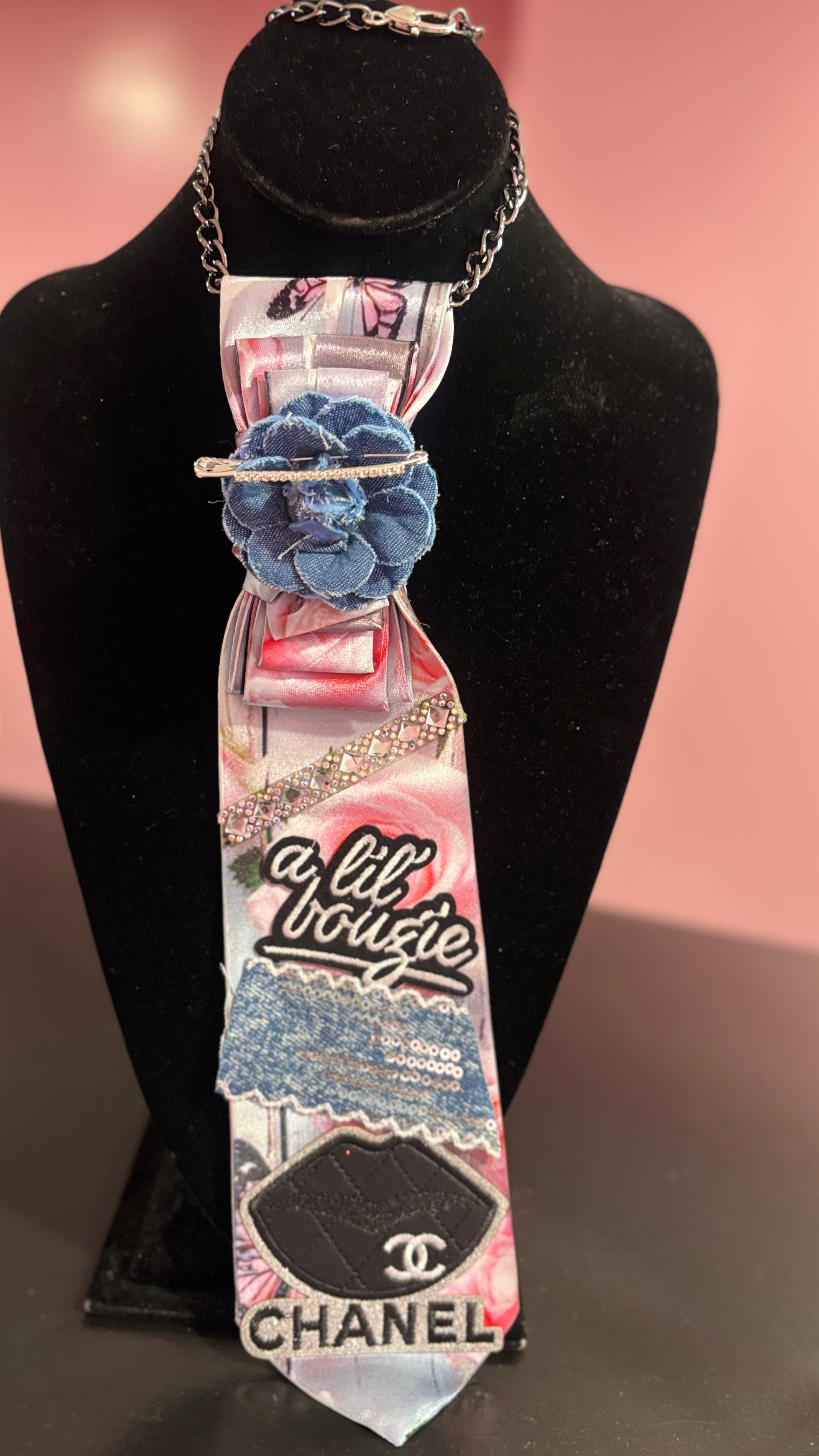 Pink Floral “Lil Bougie” Statement Tie Necklace