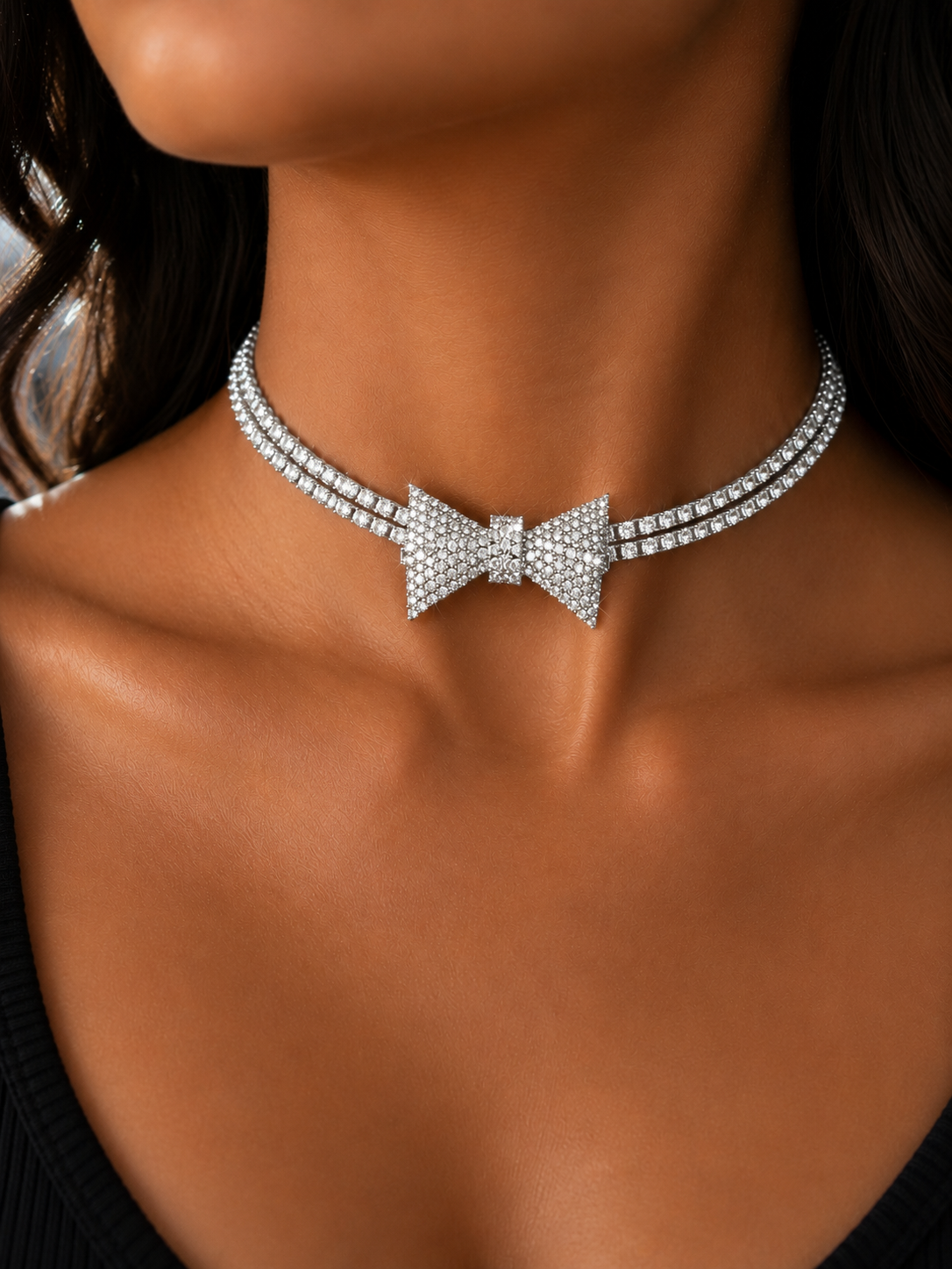 Rhinestone Bow Tie Choker Necklace