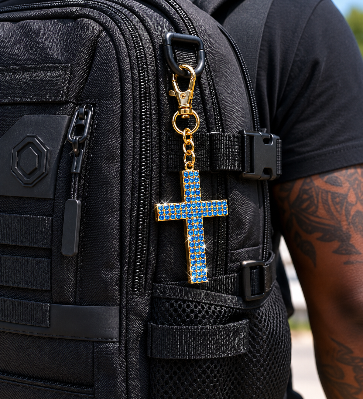 Iced Blue Crystal Cross Keychain – Faith & Strength Charm