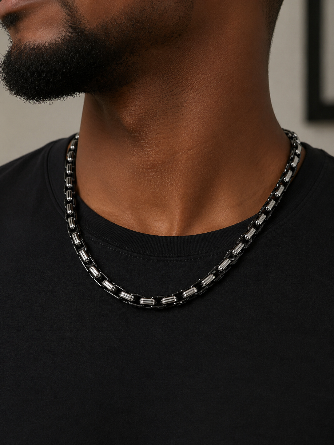 Men’s Black & Silver Link Chain Necklace